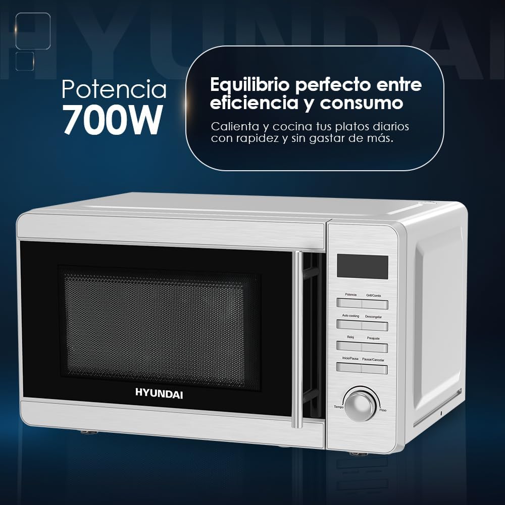Hyundai Mikrowelle mit Grill, Edelstahl, 20 l, 700 W, Grill 800 W, 8 Programme, Auftaufunktion, Inne