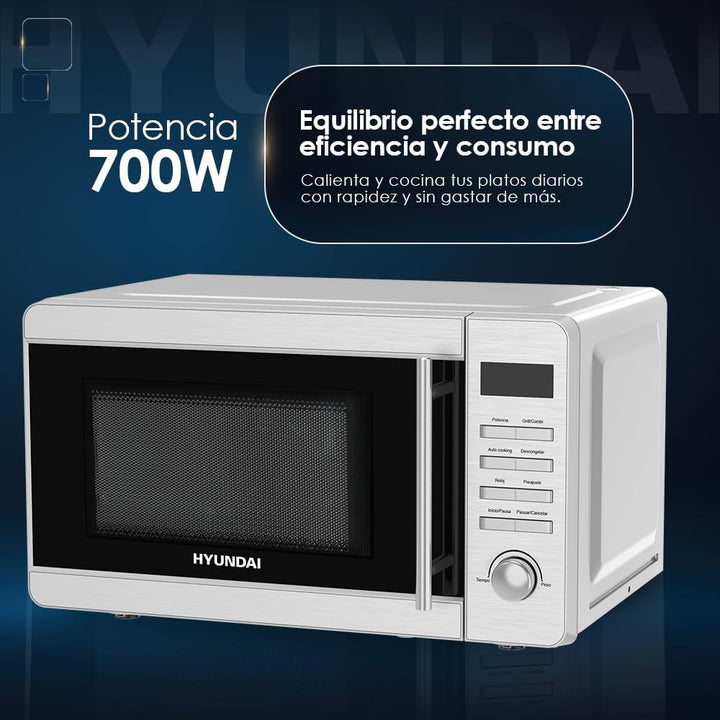 Hyundai Mikrowelle mit Grill, Edelstahl, 20 l, 700 W, Grill 800 W, 8 Programme, Auftaufunktion, Inne
