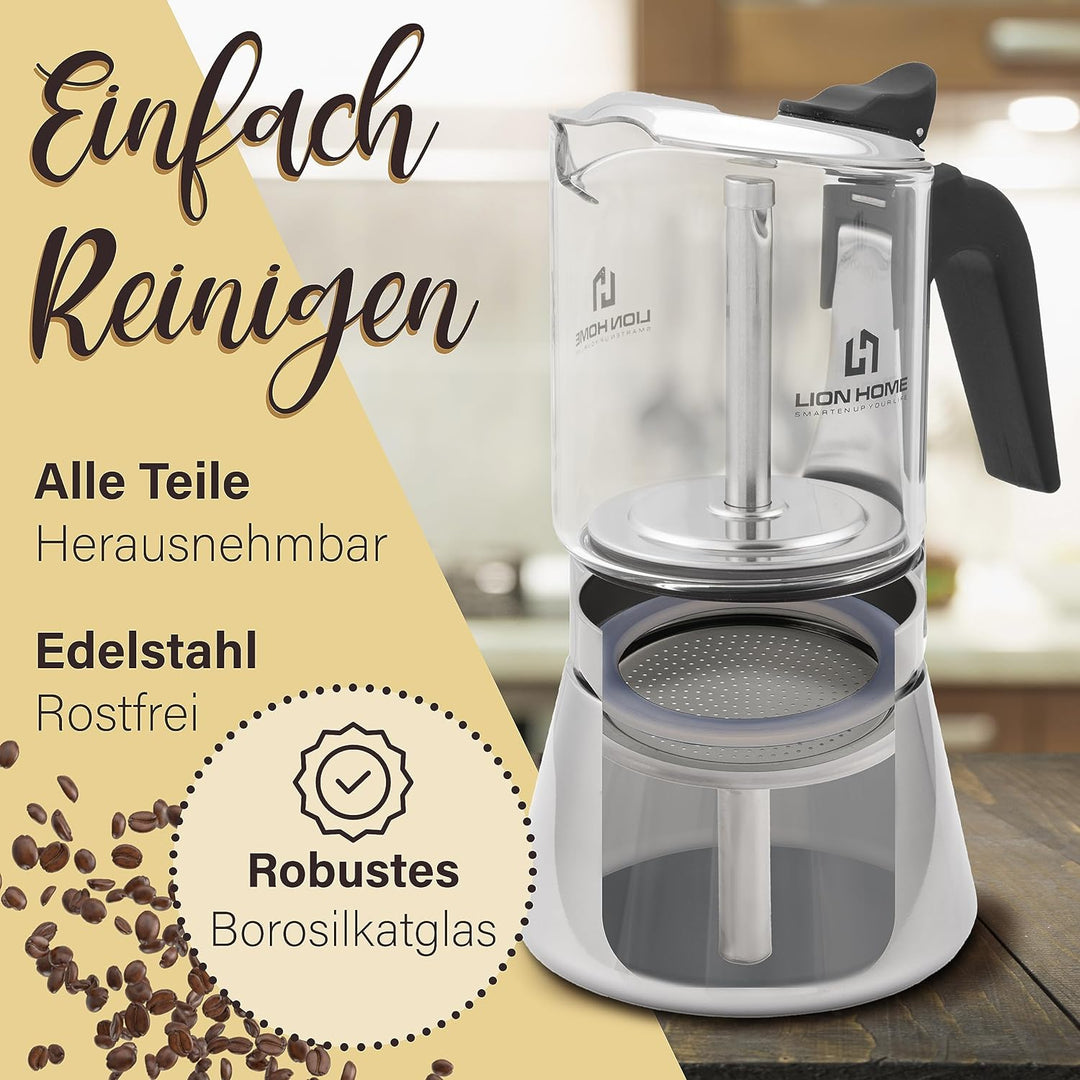 LION HOME Espressokocher | Glas &amp; Edelstahl Design für 6 Tassen | Inkl. Kork-Untersetzer | Für alle