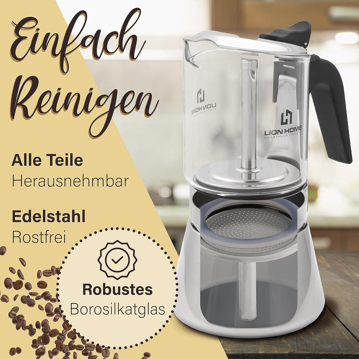 LION HOME Espressokocher | Glas &amp; Edelstahl Design für 6 Tassen | Inkl. Kork-Untersetzer | Für alle