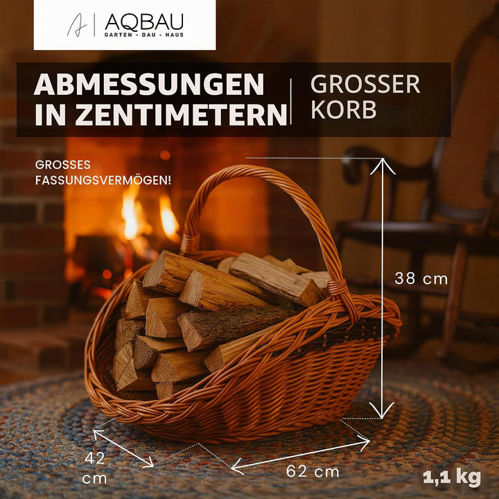 Weidenkorb für Kaminholz 62 x 42 cm – Handgefertigte Holz- &amp; Dekokörbe mit Griff – Kamin Holzkorb Na