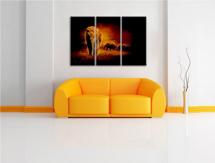 Dark Prächtige Elefanten in Steppe Spezial 3-Teiler Leinwandbild 120x80 Bild auf Leinwand, XXL riesi