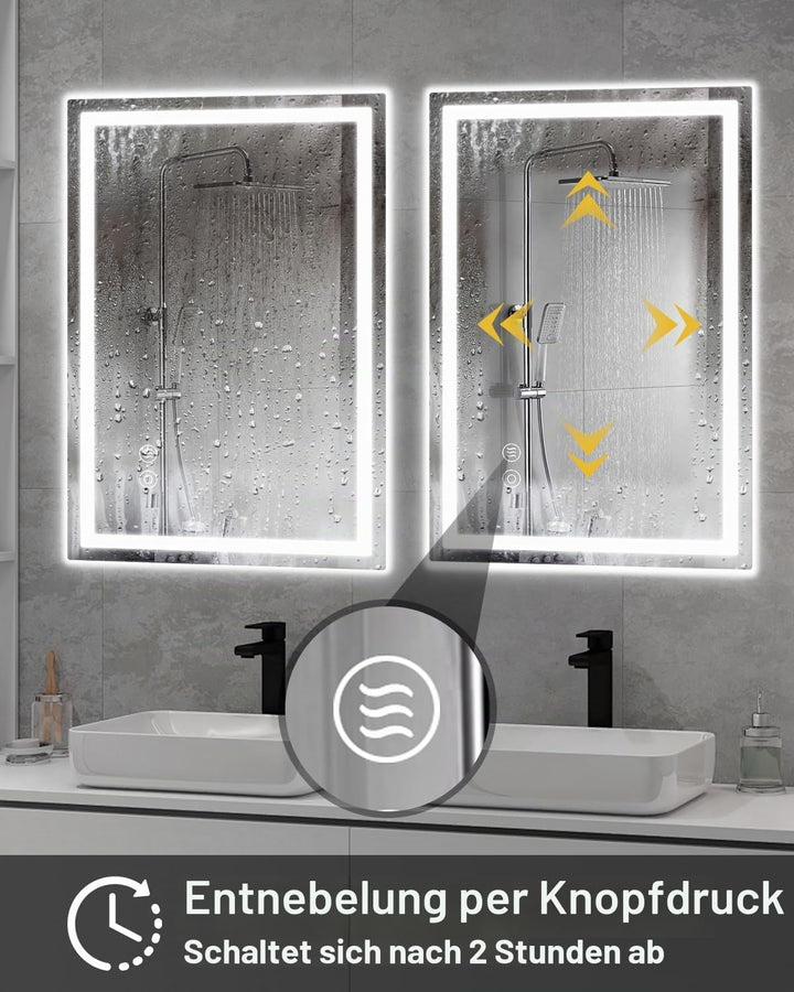 Badspiegel mit Beleuchtung, 60x80cm LED Bad Spiegel mit Licht Mit 3000k/4000k/6000k, Spiegel mit Bel