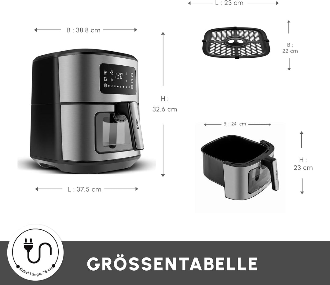 Karaca Multifry Inox XXL 7 Liter Airfryer mit digitalem Glasfenster, Heissluftfritteuse, 360-Grad-Lu