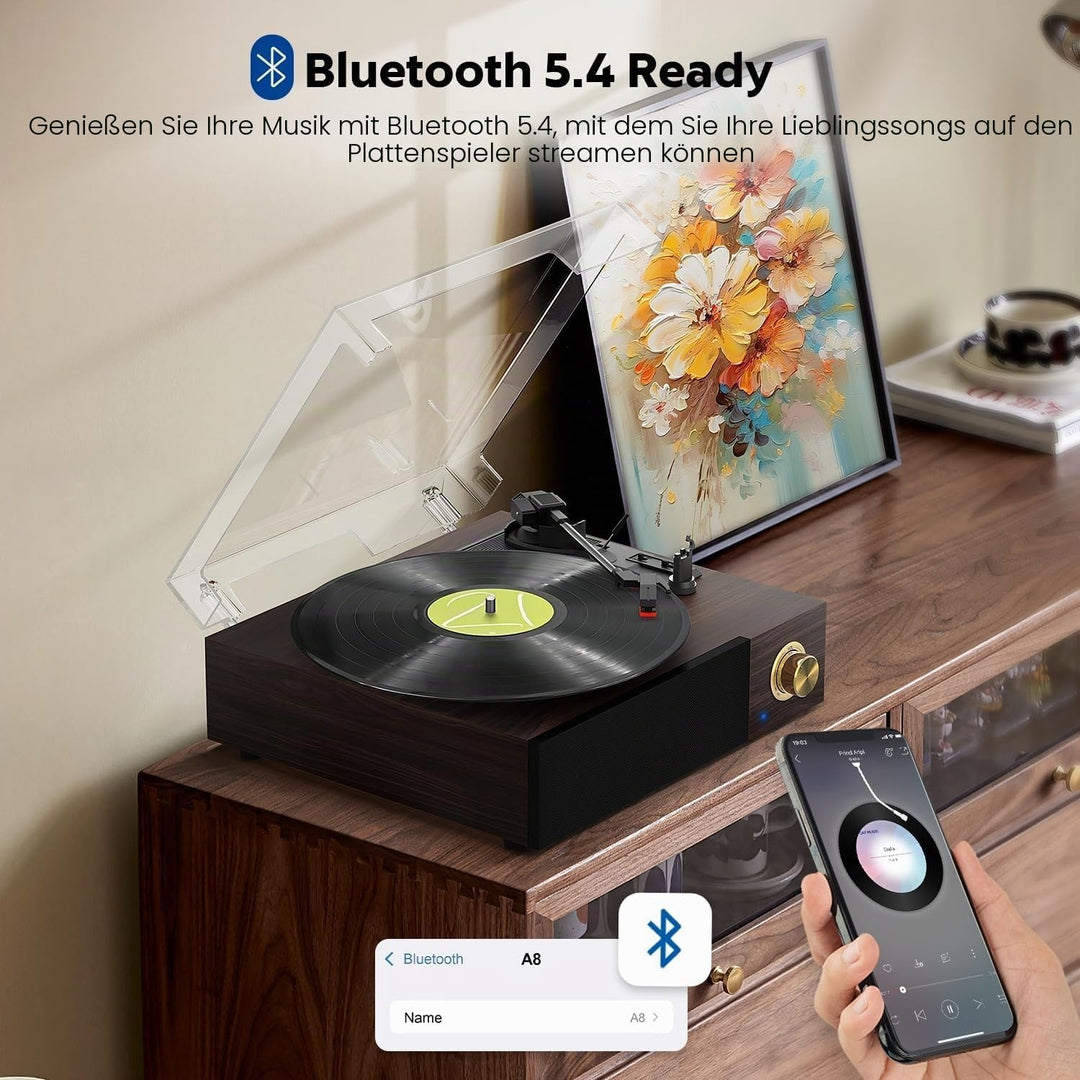 FYDEE Vintage Vinyl Plattenspieler mit integrierten Lautsprechern, Bluetooth 5.4 Vinyl-Player, 3 Ges