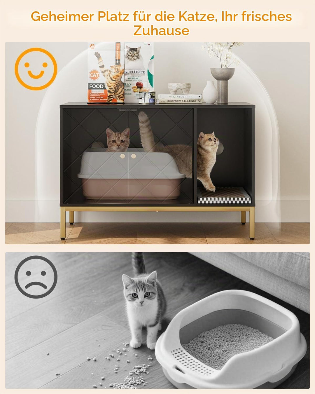 Katzenklo Schrank, Katzenkloschrank mit Doppeltüren, Katzenhaus mit Kratzmatte, hohe Beine, für Katz