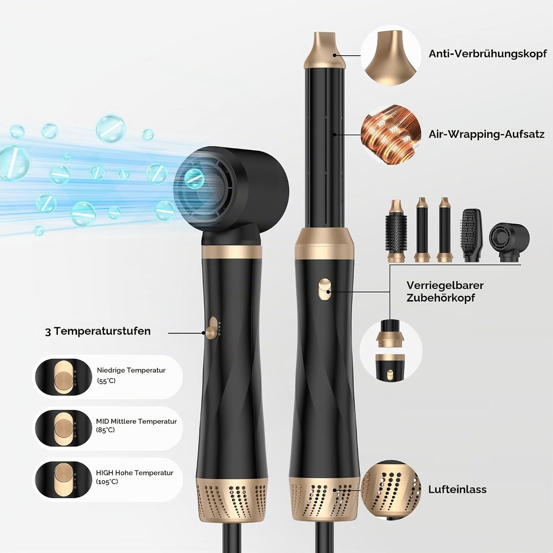 OKWRAP Haarstyler Hairstyler 5 in 1 Hair Styler 1000W Airstyler Multistyler Schwarzgold, Schwarzgold