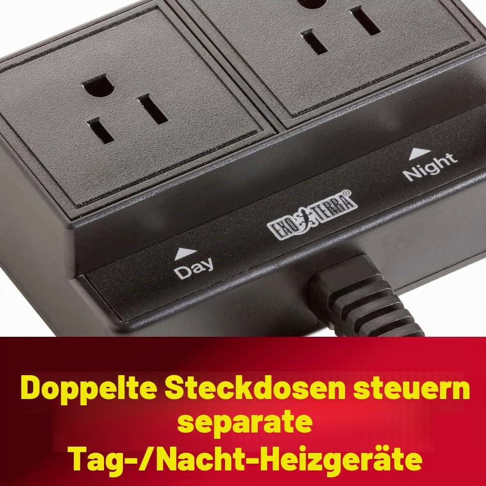 Exo Terra Thermostat mit Tag-/ Nacht-Zeitschaltuhr und Zwei Anschlüssen, steuert Heizgeräte bis zu 3