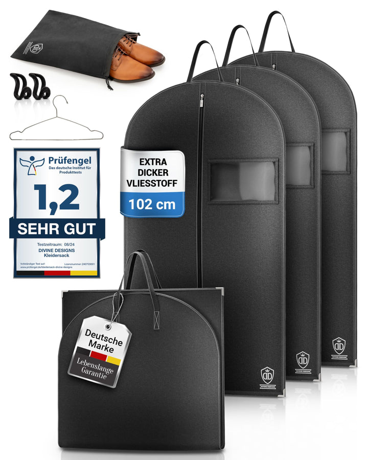 3 x Kleidersack Anzug + Bonus Schuhbeutel - 102 x 60 cm - Kleiderhülle Hält Ein Leben Lang | Anzugta