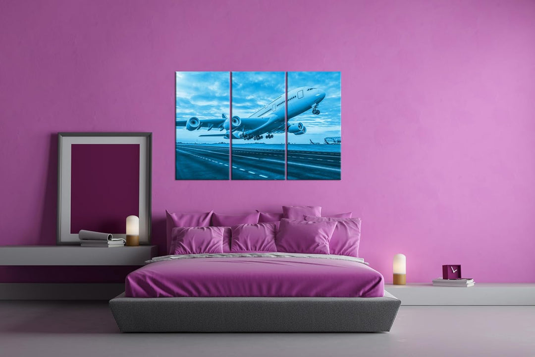 deyoli Flugzeug bei Sonnenuntergang Format: 120x80 cm (3Teilig) Effekt: Monocrome Blau als Leinwandb