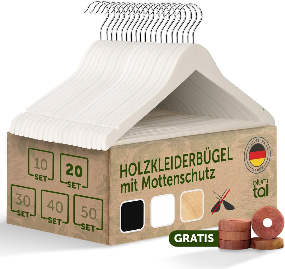 Blumtal Kleiderbügel Holz Weiss 20er Set - Holzbügel mit 360° drehbarem Metallhaken - Bügel aus Mass