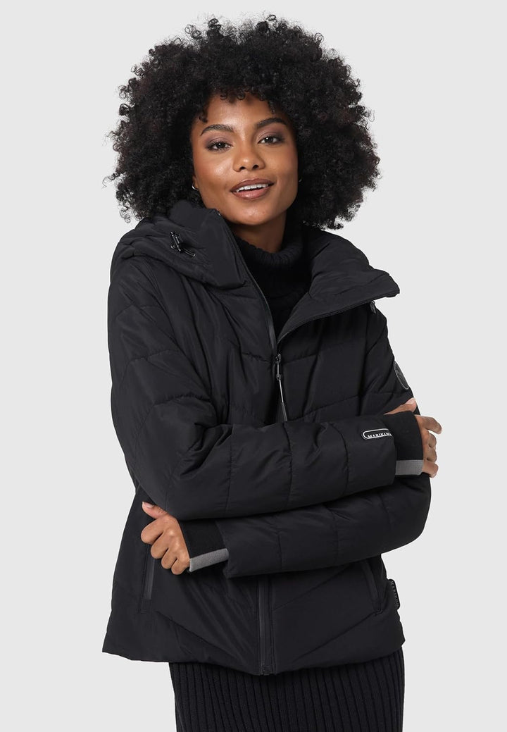 MARIKOO Damen Winterjacke warme Steppjacke mit abnehmbarer Kapuze Samuiaa XVI XS-3XL XL Schwarz, XL