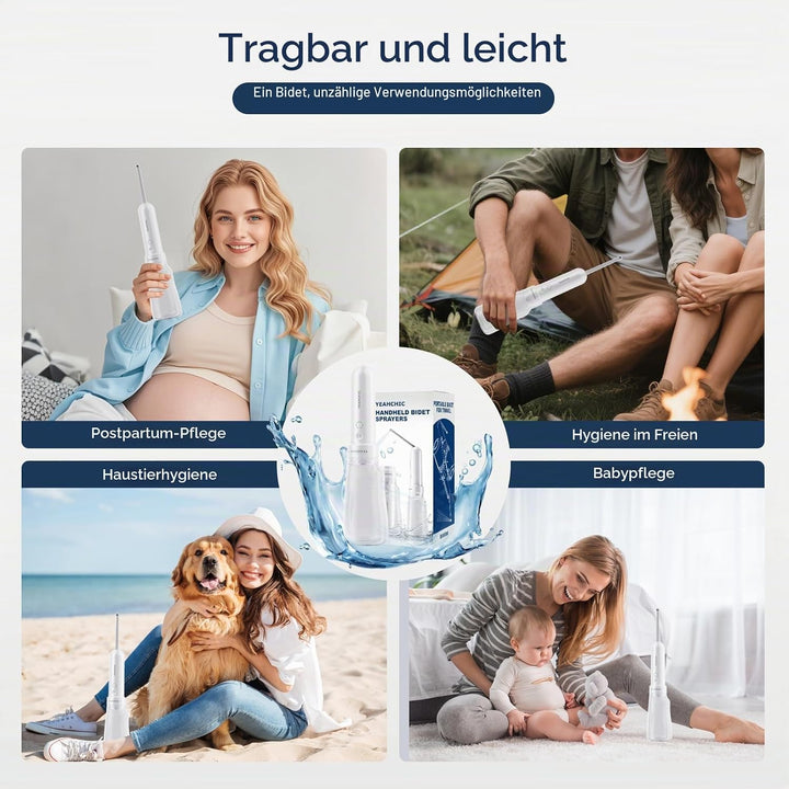 Tragbares Bidet für Reisen - USB-C Wiederaufladbar, 3 Modi, 400 ml, Wasserdichter Sprüher + 2 Düsen