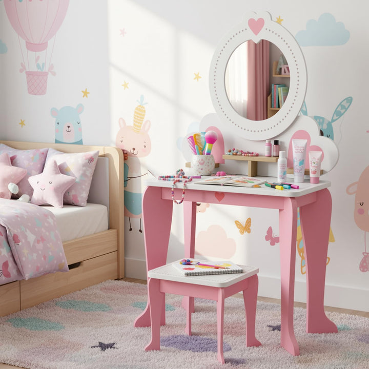 Clevich Schminktisch Kinder Set, 2 in 1 Kinderschminktisch mit Spiegel, Aufbewahrungsregale, Schreib