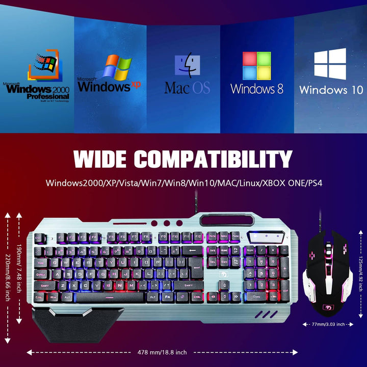 Gaming-Tastatur und Maus-Kombination, graue Metalllegierung,16 LEDs RGB-Hintergrundbeleuchtung, kabe