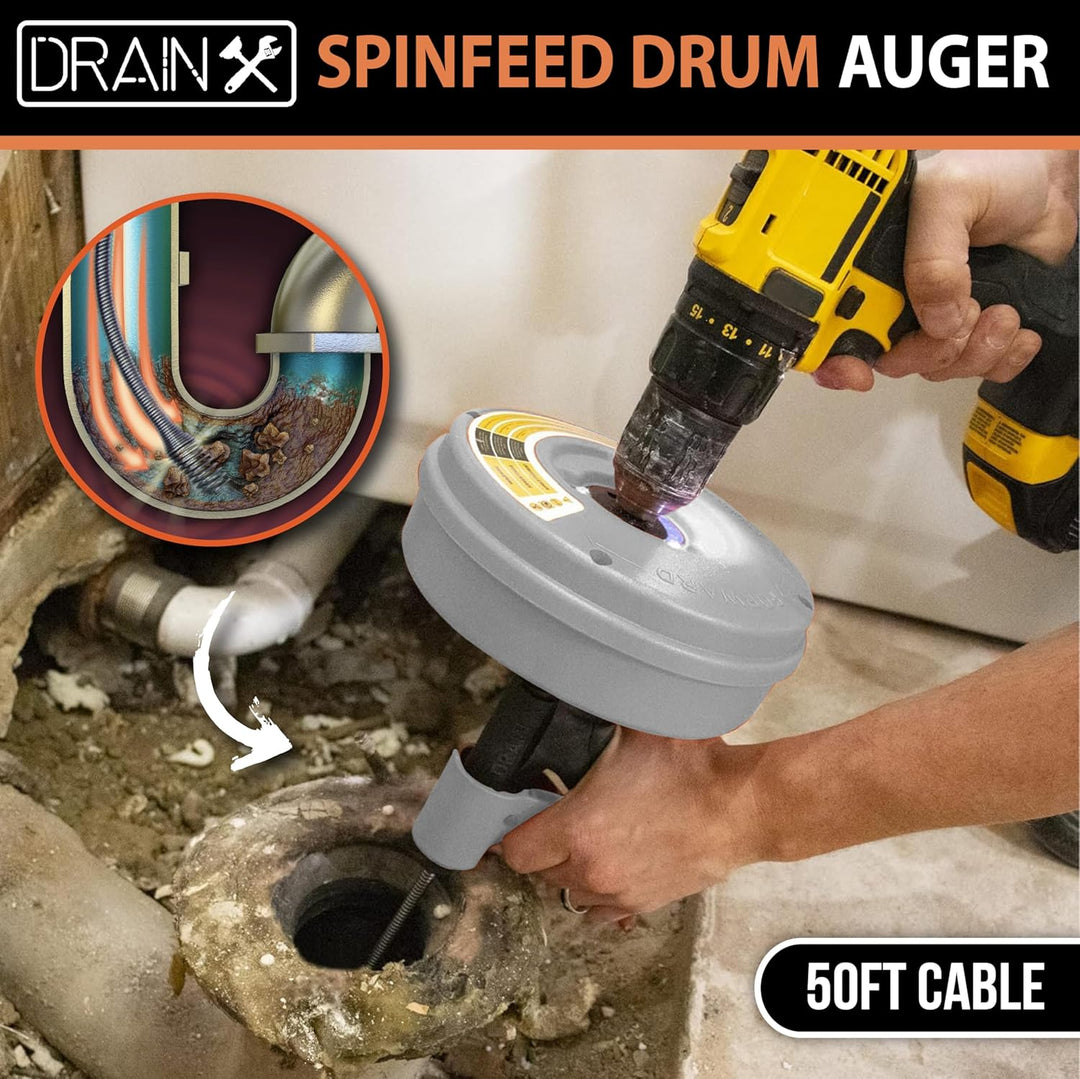 DrainX Spinfeed 50 Fuss Trommelschnecke, manuelle Verwendung oder Bohrmaschinen-Antrieb, automatisch