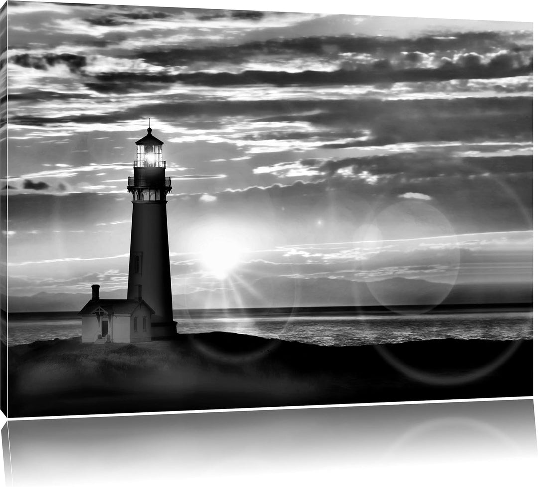 Pixxprint Monocrome, Grosser Leuchtturm im Sonnenuntergang, Format: 100x70 auf Leinwand, XXL riesige