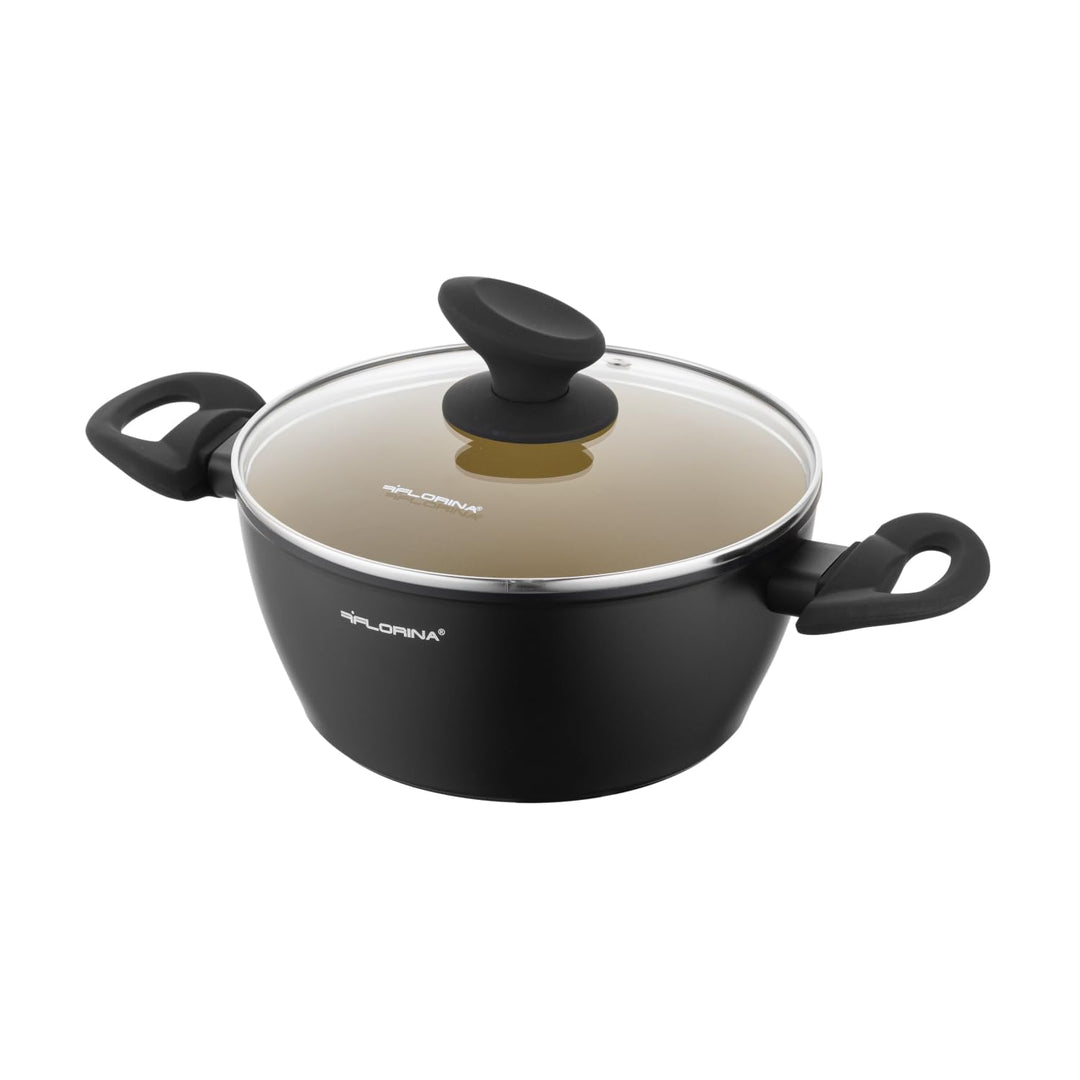 FLORINA AMVEGAN Aluminiumtopf 20 cm I 2,1L I Hohe Haltbarkeit I Glasdeckel I Olivenöl-Keramikbeschic