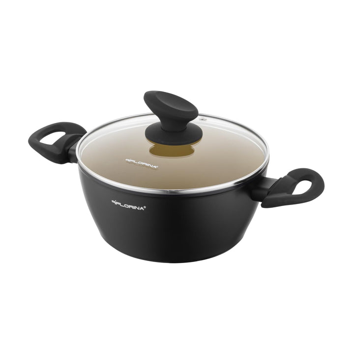 FLORINA AMVEGAN Aluminiumtopf 20 cm I 2,1L I Hohe Haltbarkeit I Glasdeckel I Olivenöl-Keramikbeschic