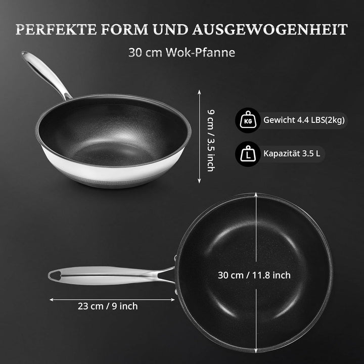 KOKHUB 30 cm Antihaft-Wok mit Deckel, Titan-Keramik-Edelstahl-Wokpfanne, grosse Kapazität für 3-5 Pe