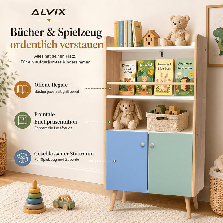 ALVIX Montessori Kinderregal mit 2 Türen und frontaler Buchablage | Bücherregal für Kinder, Spielzeu