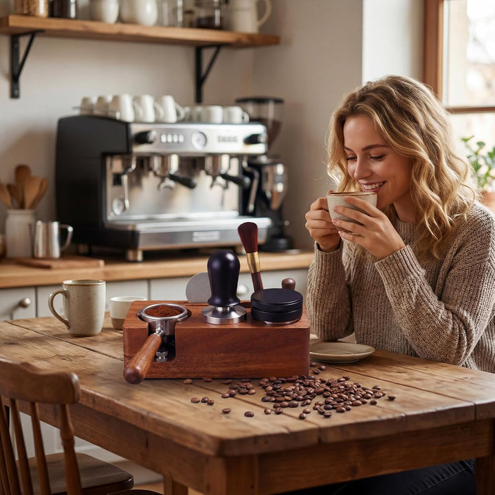 Tamperstation aus Walnussholz für 51-54mm - Siebträger Station & Espresso Station mit Silikonkissen