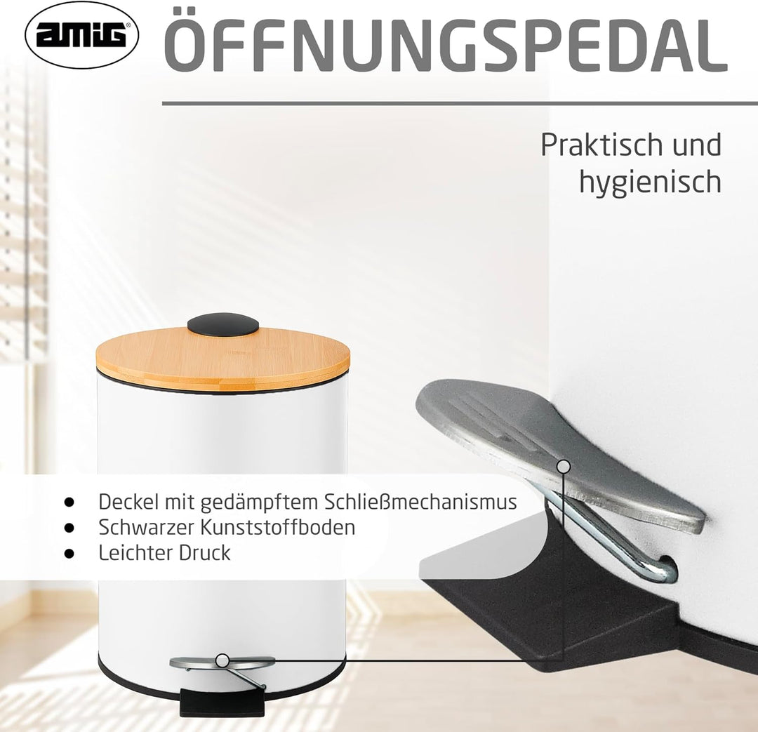 Amig - Kosmetikeimer mit Pedal 5L Naturline - Weiss und Bambus - Hygienische Öffnung - Ø20 x 26 cm -