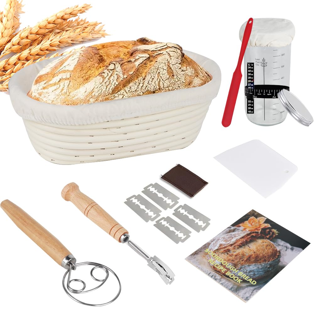 Sauerteig Starter Set, Oval GärkörbchenSet, Brotbacken Startver Set, Gärkorb Brot mit Brotbackzubehö