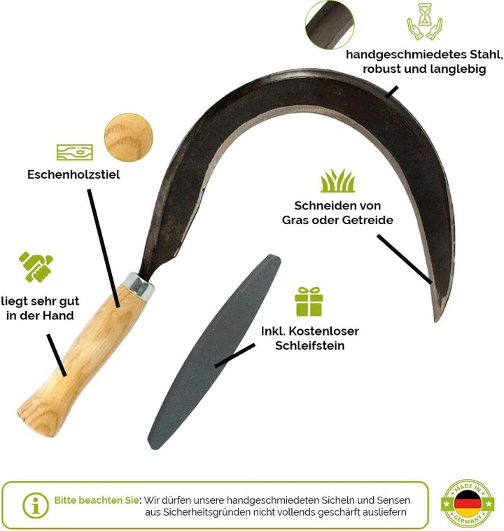 Mondsichel/Blattsichel/Sense inkl. gratis Schleifstein - mit Holzstiel - für Rechtshänder 14 cm Esch