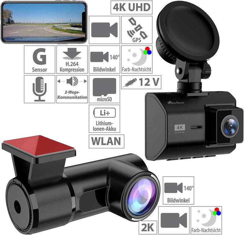 NavGear Autocam: 4K-UHD-Dashcam mit 2K-Heckkamera, GPS, WDR, WLAN & App, Sony-Sensor (Registrator, D