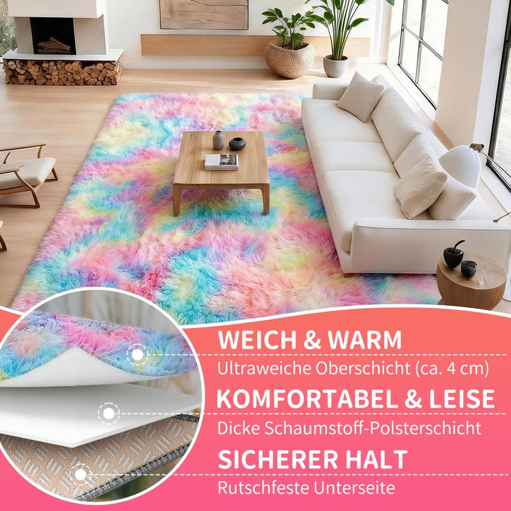 VOFUSHON Wohnzimmer Hochflor Teppich,Shaggy Flur Läufer Teppich Modern Flauschiger Weich Bunte Batik