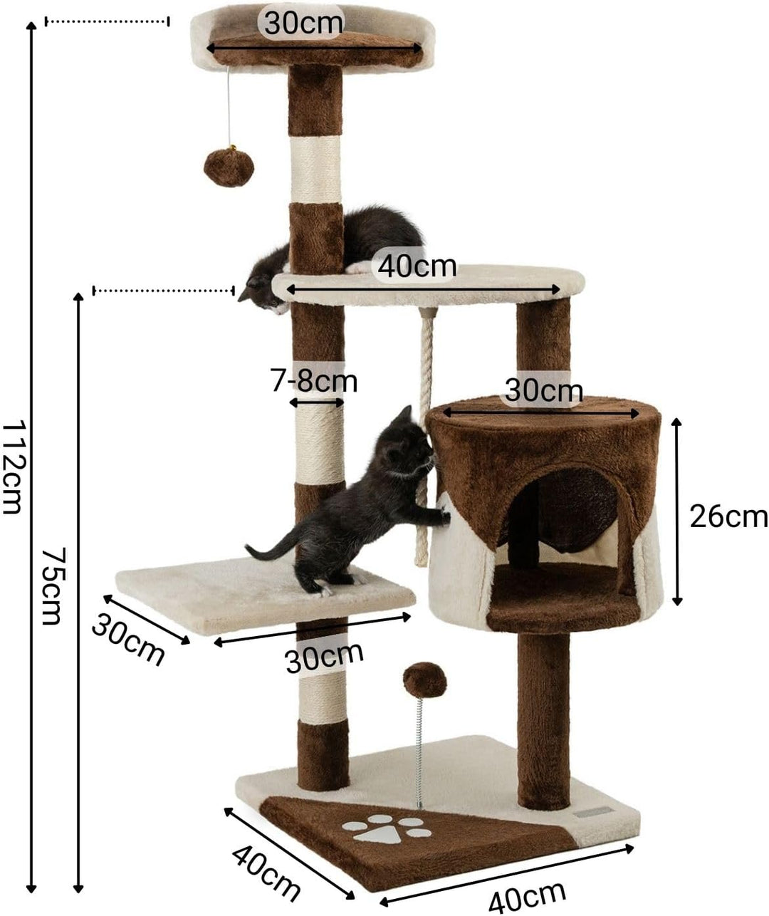 lionto Kratzbaum für Katzen mit 2 Plüschbällen & Spielseil, Höhe 112 cm, Katzenbaum mit Sisalseil &