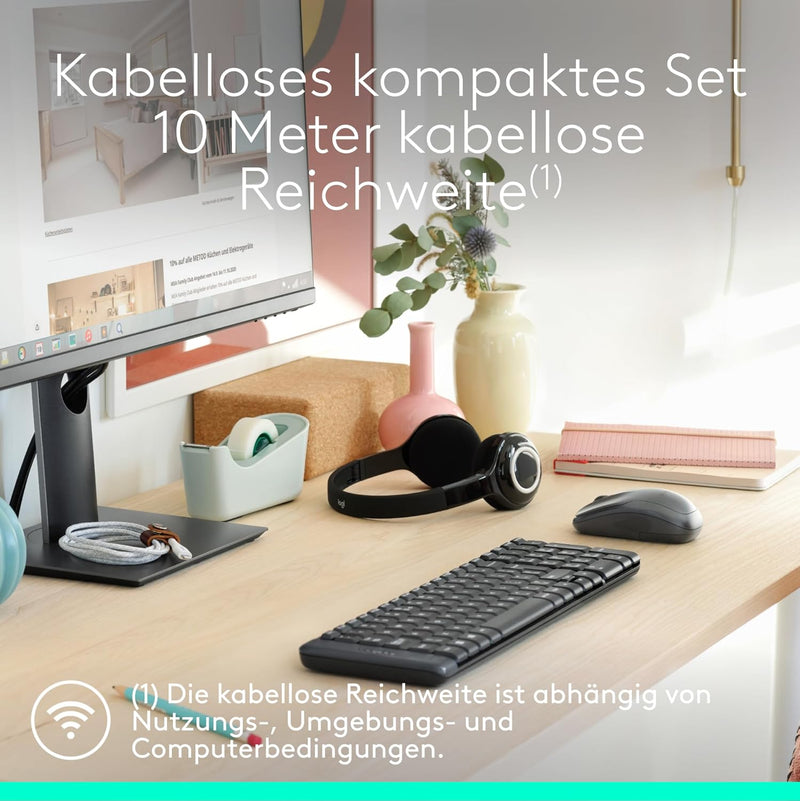 Logitech MK220 Kompaktes, Kabelloses Set mit Tastatur und Maus für Windows, US QWERTY-Layout - Schwa