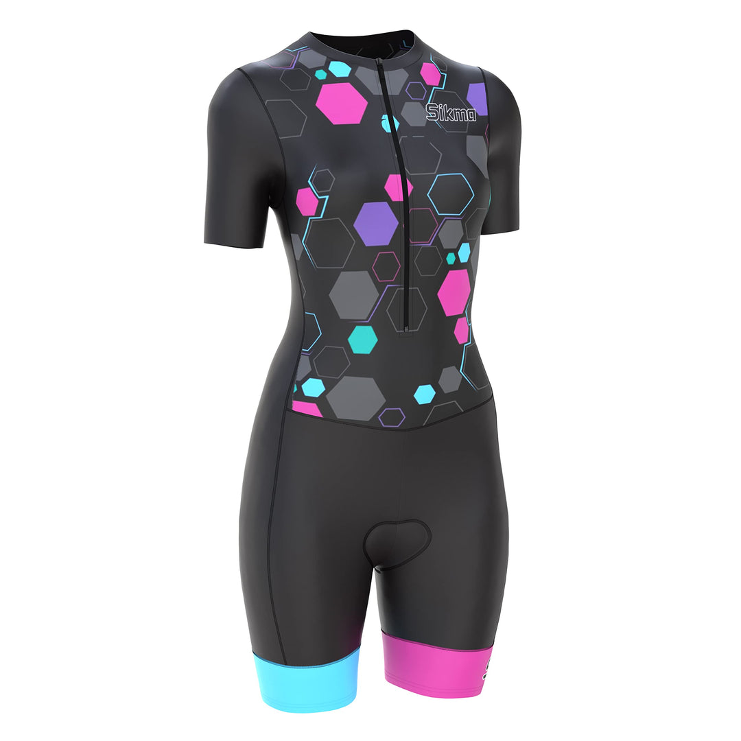 Radsport-Skinsuit für Damen, gepolstert, einteilig, Trisuit, Bike-Top, kurz, sublimiertes Design, Tr