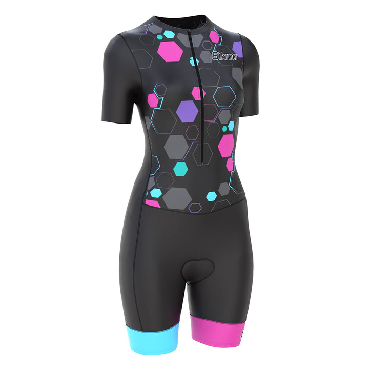 Radsport-Skinsuit für Damen, gepolstert, einteilig, Trisuit, Bike-Top, kurz, sublimiertes Design, Tr