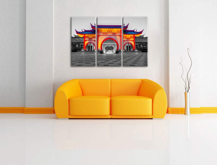 Bunter chinesischer Tempel schwarz/weiss 3-Teiler Leinwandbild 120x80 Bild auf Leinwand, XXL riesige