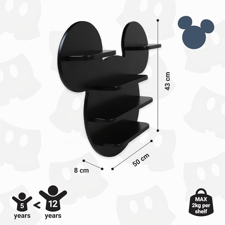 Disney Mickey Wall Shelf, 5 Storage Shelves, Black Finish, 50cmW X 8cmD X 43cmH Mickey Mouse Schwarz