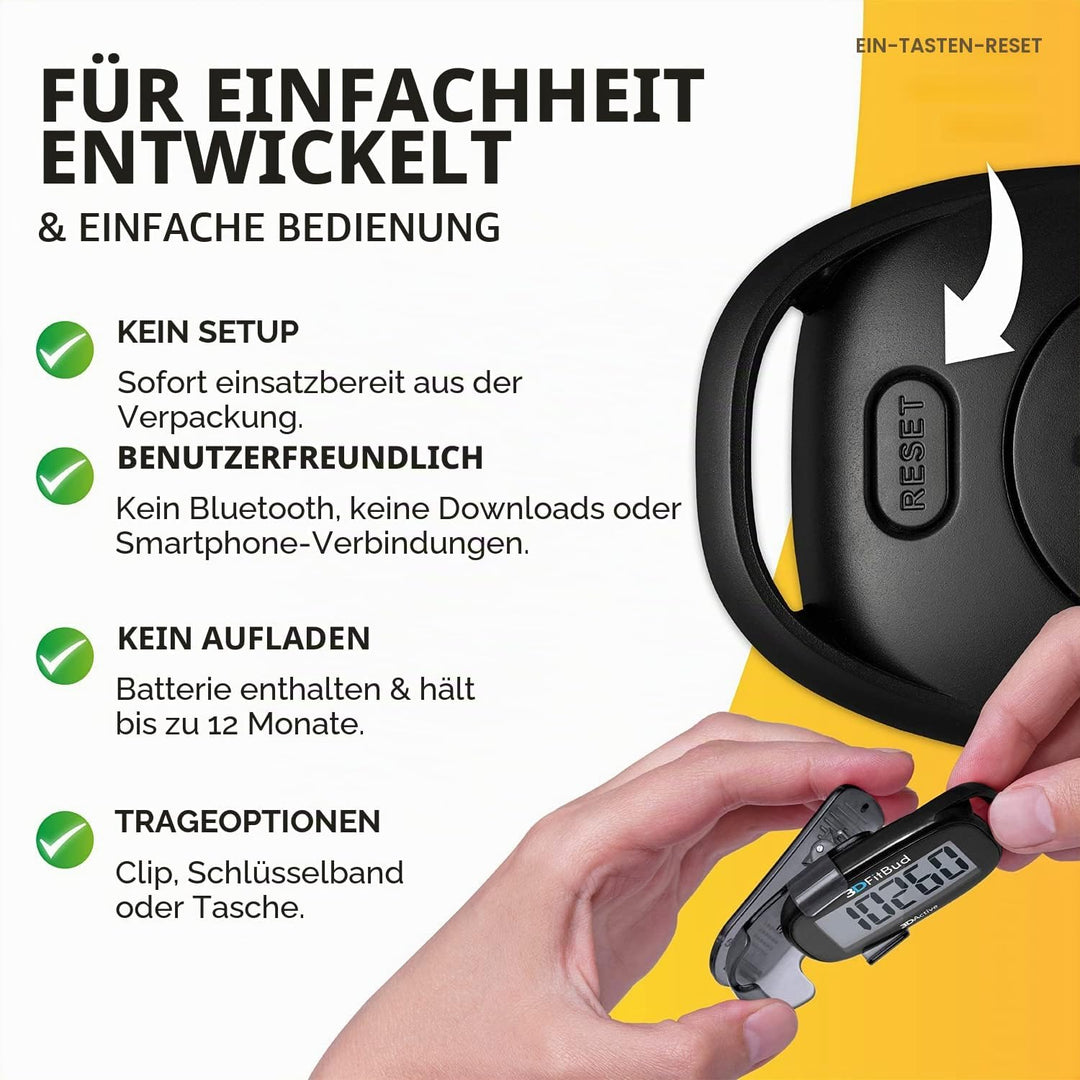3DFitBud Einfacher Schrittzähler 3D von 3DActive mit Clip Lanyard Präziser Schrittzähler Grosses Dis