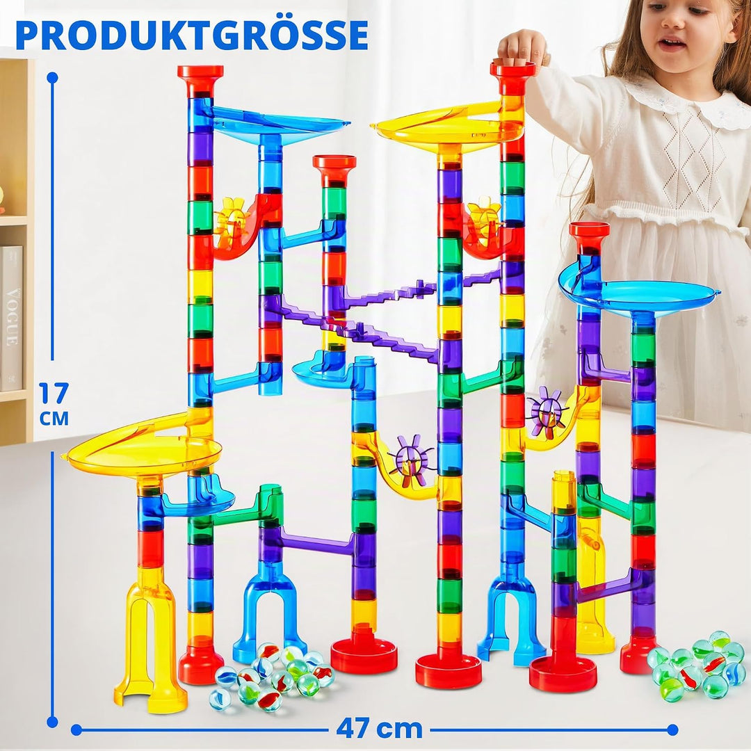 JOYIN 150 Stück Mehrfarbige Murmelbahn Marble Run Set mit 100 Bahnelementen und 50 Glasmurmeln, Kuge