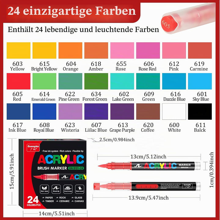 Acrylstifte, 24 Farben Acrylic Paint Marker mit flexibler Pinselspitze, Direktflüssigkeit Acrylic Br