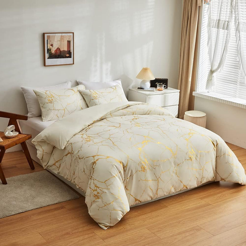 Bettwäsche 135x200 2er Set Beige Gold Aesthetic Marmor Microfaser Bettwäsche Set Luxus Modern Bettbe