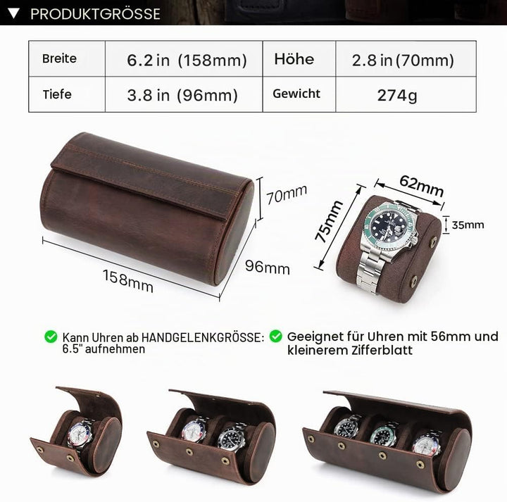 Hiram Uhrenkoffer aus echtem Leder für 2 Uhren, handgefertigt, aus echtem Leder, Reiseuhr, schützend