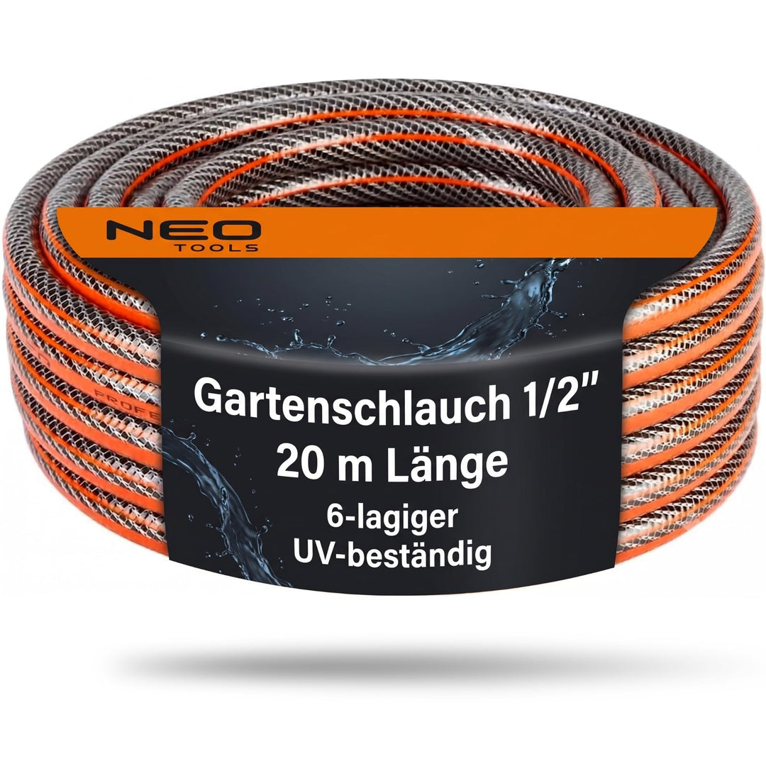 NEO TOOLS Pro Gartenschlauch 1/2 Zoll, 20 m Länge, 6-lagiger | UV-beständig, Flexibel Schlauch, Verd