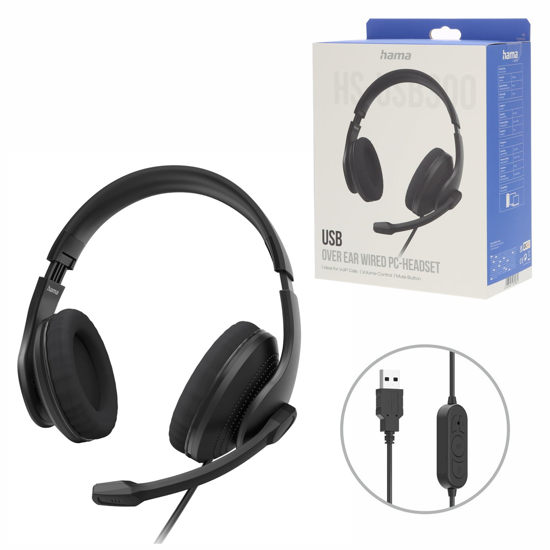 Hama Headset mit Mikrofon (kabelgebundene Kopfhörer USB A Anschluss, Aux, Stereo Headphones mit Kabe