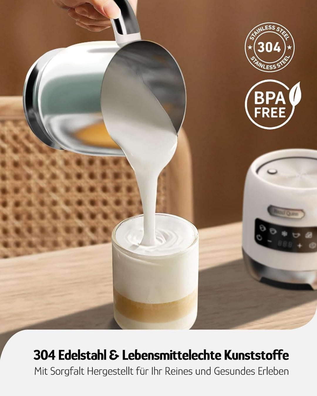 Hazel Quinn Milchaufschäumer 5-in-1 Funktionalität, 450 ml für Milchschaum heiss und kalt, heisse Sc