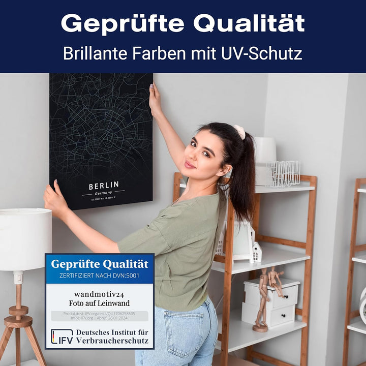wandmotiv24 Stadt Karte als Leinwandbild, 100x75cm, Hochformat, Berlin, Deutschland, Strassen, Anthr