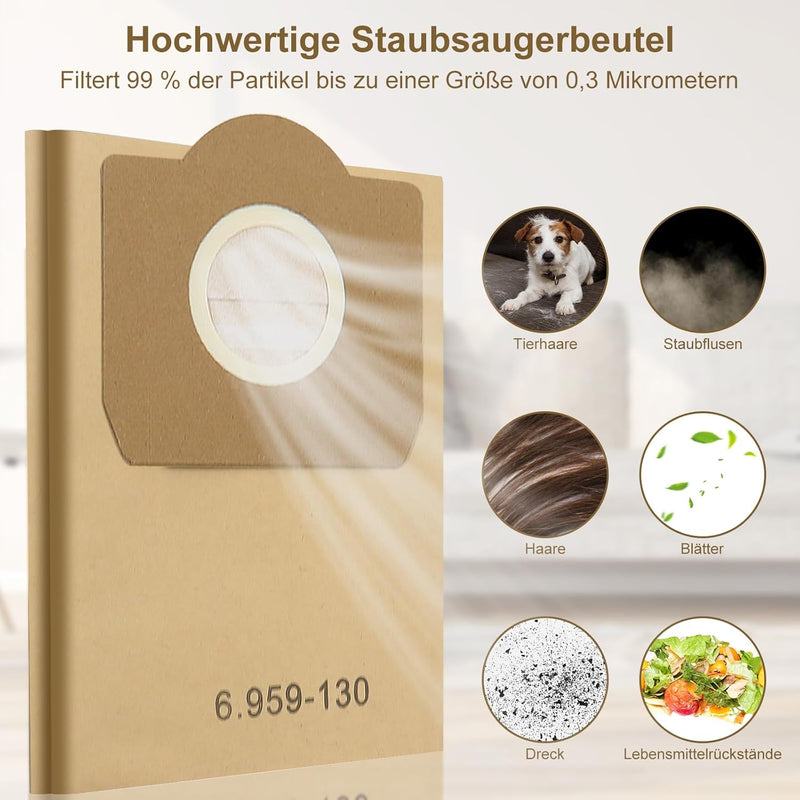 Fishoney 20 Stück WD3 Staubsaugerbeutel für Kärcher 6.959-130.0, Papier filterbeutel für WD3 1629 MV