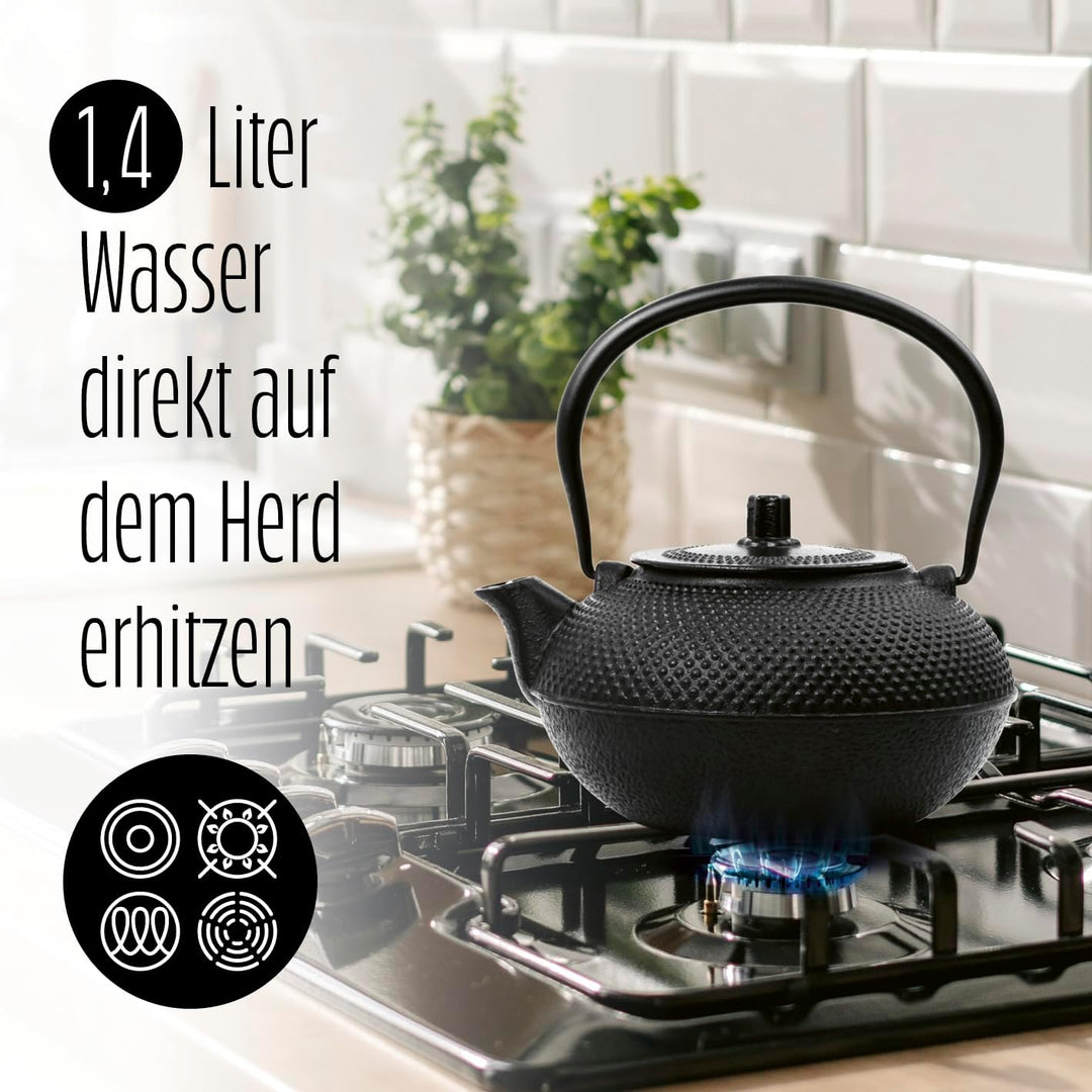 Lumaland Tee Set 8-teilig | 1,4 Liter Gusseiserne Teekanne Tetsubin | Stövchen aus Gusseisen | 2 Tee