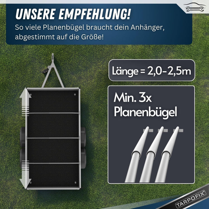 Tarpofix® Anhängerplane Flachplane 209 x 134 x 7,5 cm + 3x Planenbügel (verstellbar 100-145 cm) - ra