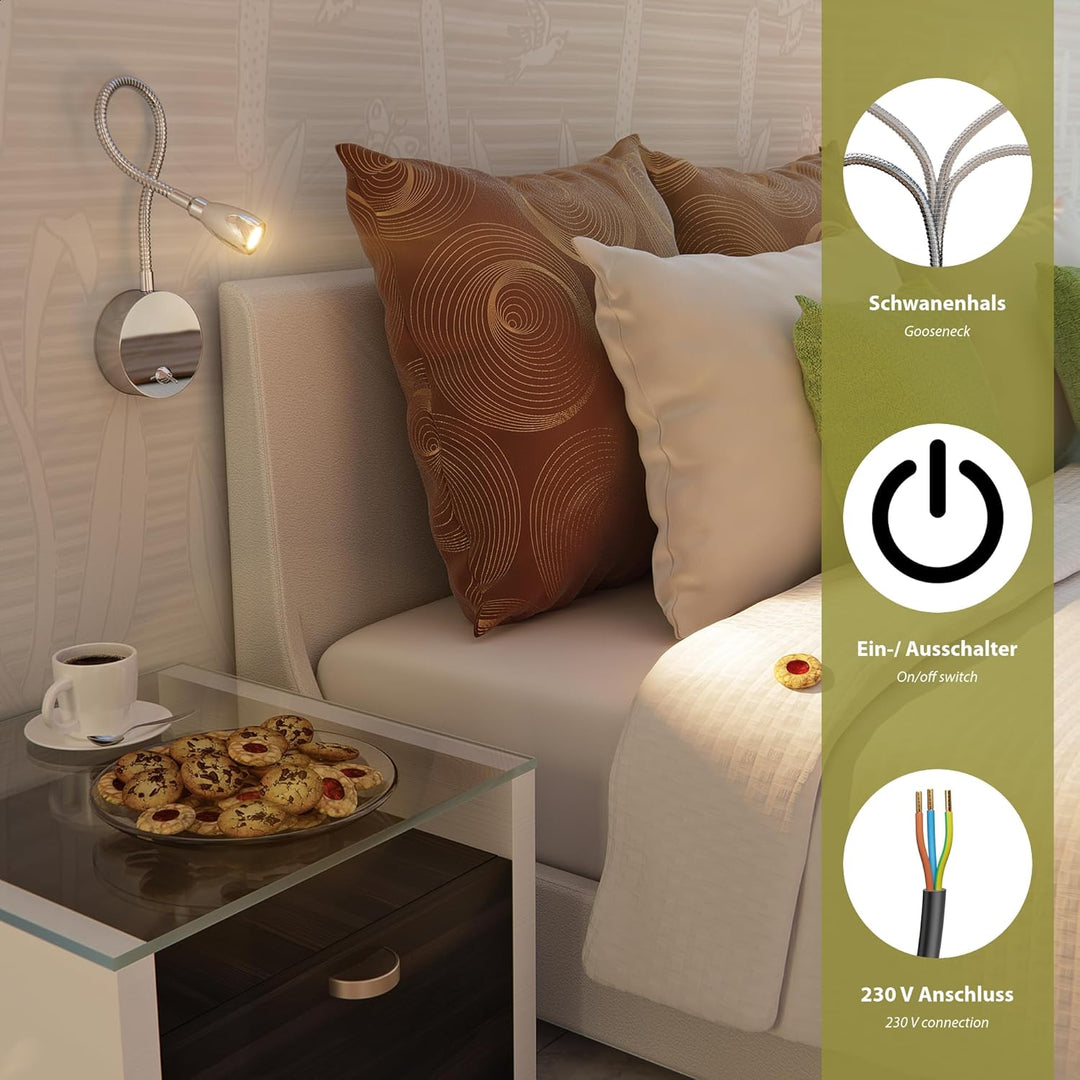 ledscom.de LED Leselampe/Wandleuchte HAN, Schwanenhals, Schalter, Stecker, chrom glänzend, weiss